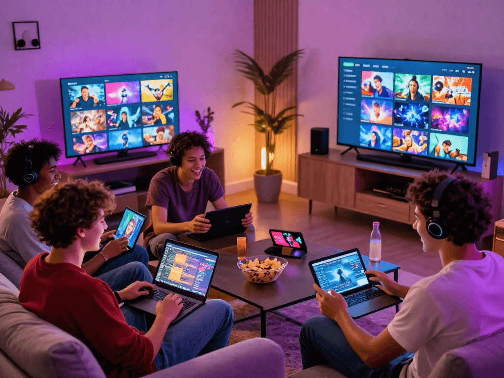 Friends enjoying popular porn ganes on multiple devices in a lively living room.