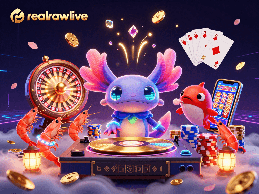 Experience realrawlive at the neon-themed casino filled with vibrant characters and dynamic gambling action.
