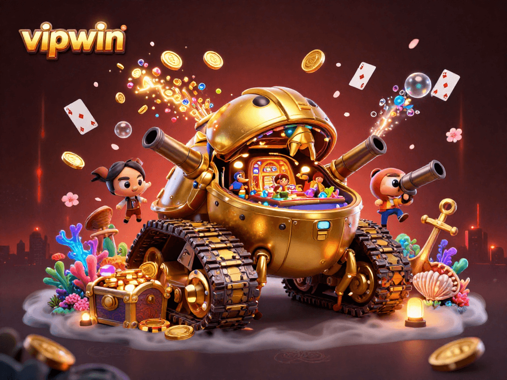 Experience thrilling gameplay at vipwin with a vibrant casino scene filled with gold coins and treasure.