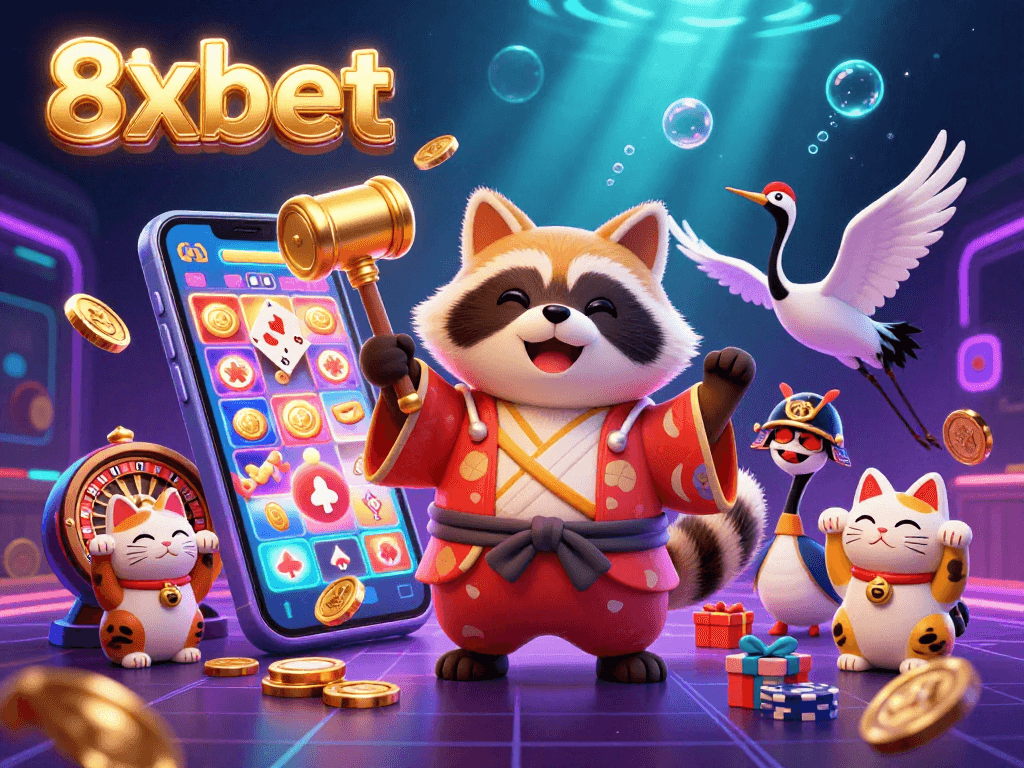 Experience excitement with 8xbet's vibrant gaming scene featuring cheerful characters and casino elements.