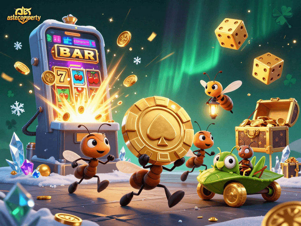 Experience astroproperty thrills with ants heisting a giant poker chip in a vibrant casino adventure scene.
