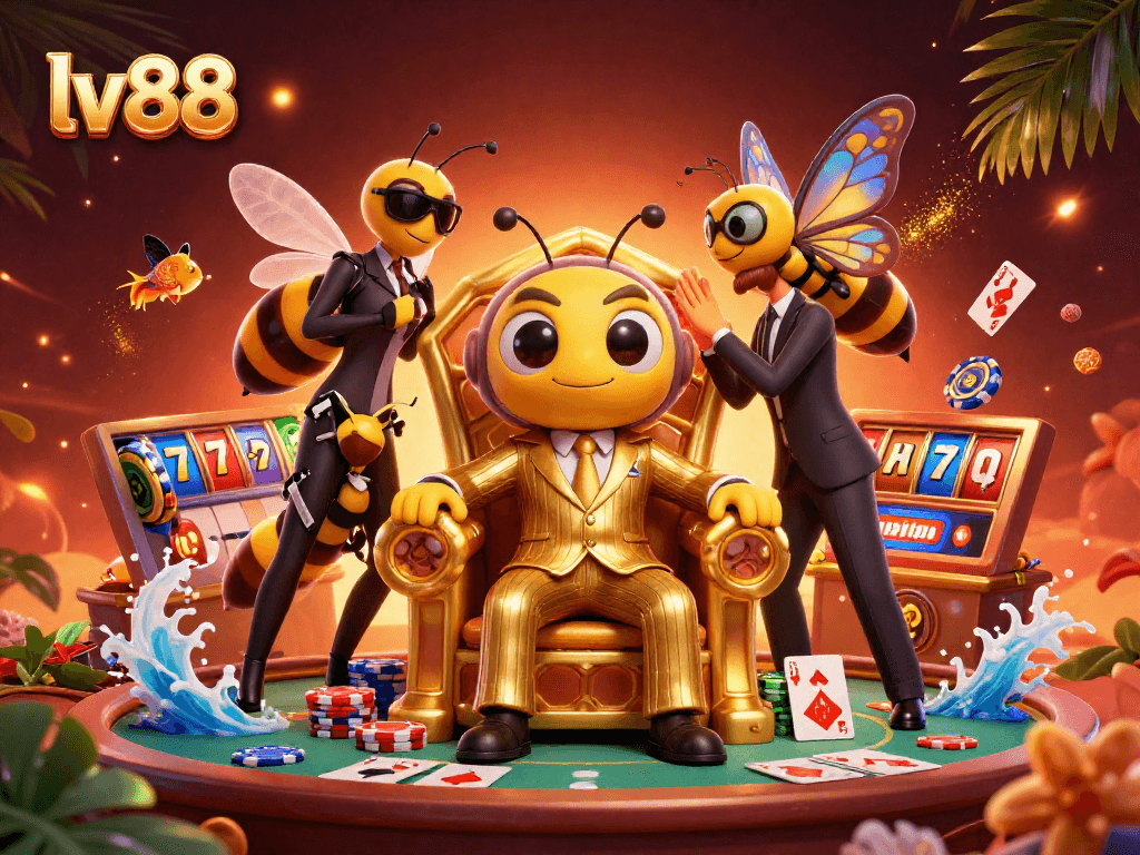 Engage with lv 88's vibrant 3D casino world filled with cards and winning symbols.
