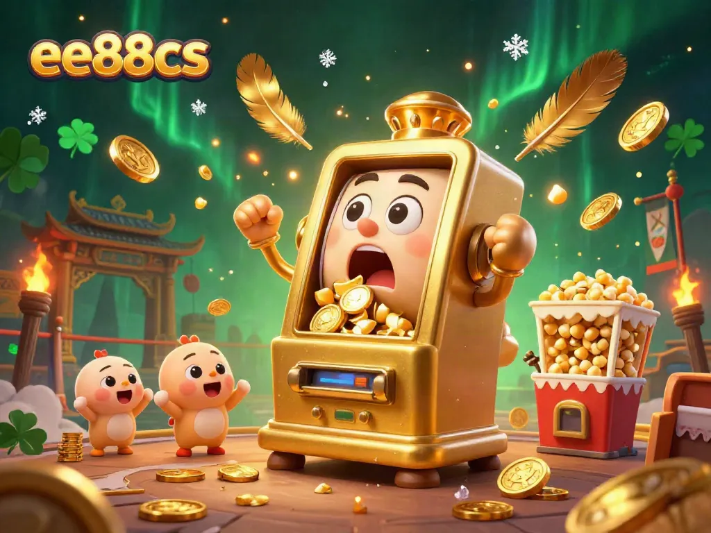 Celebrate winning moments with ee88cs as the golden slot machine hits its jackpot in a vibrant casino scene.