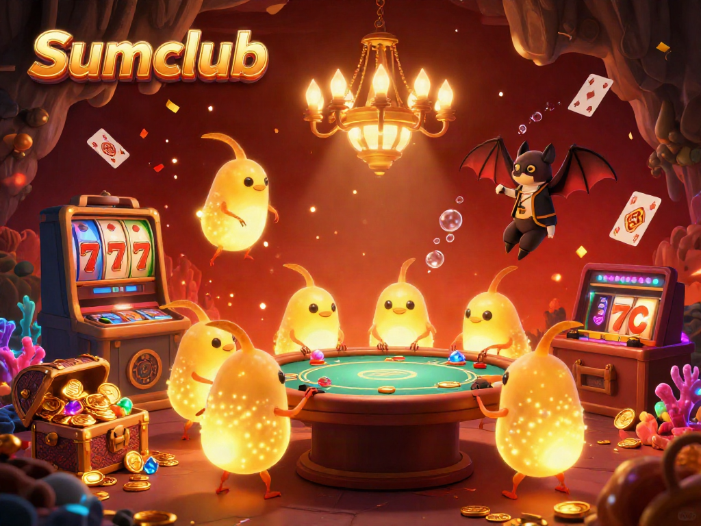 Experience the excitement of Sumclub with a vibrant casino scene illuminated by glowworms and filled with treasures.