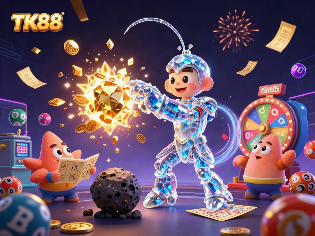 TK88 showcases a dazzling 3D scene of a mantis shrimp amidst lottery gameplay, capturing dynamic casino excitement.