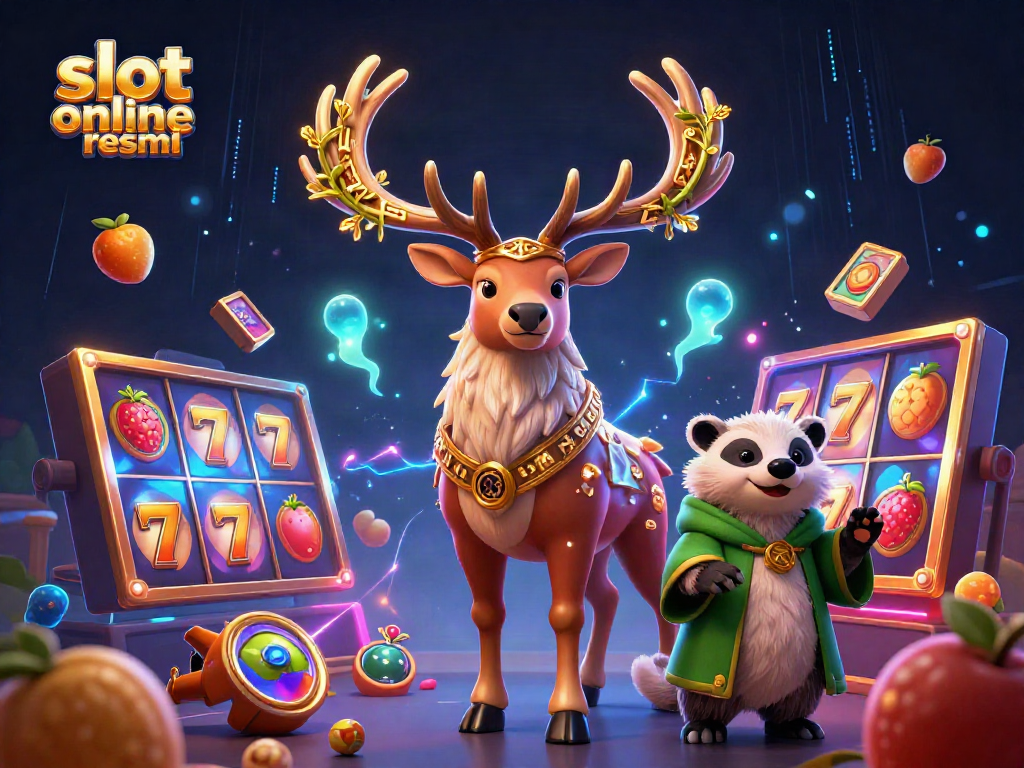 Experience thrilling gameplay at slot online resmi with a magical 3D scene featuring a druid stag, wise badger, and vibrant slot reels.