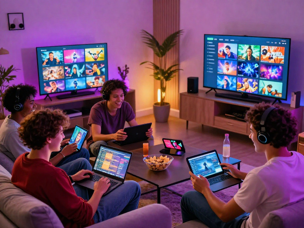 Friends enjoying popular porn ganes on multiple devices in a lively living room.