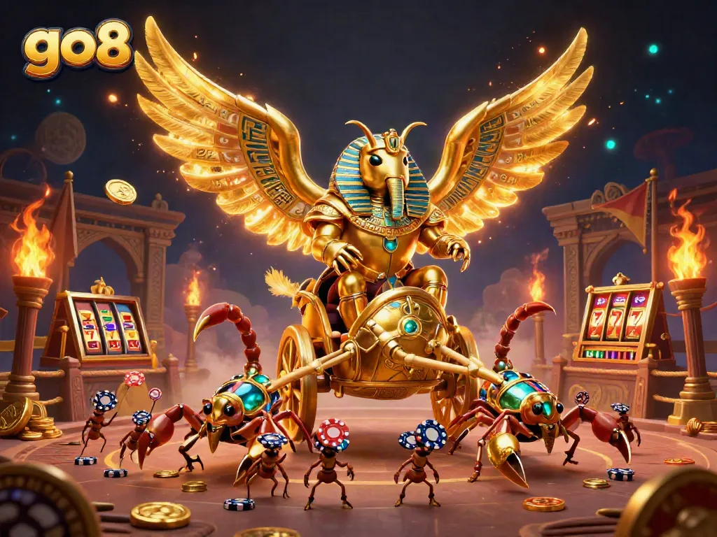Engage with go8 in this vibrant casino scene featuring a heroic beetle and scorpions amidst golden gains.