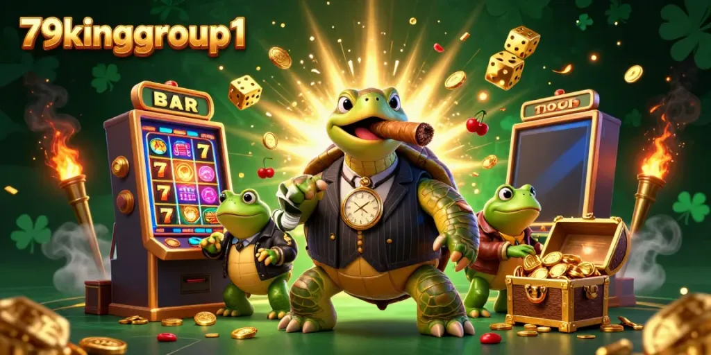 Experience thrilling casino action with 79kinggroup1 in a vibrant 3D illustration featuring a snapping turtle and bullfrog enforcers.