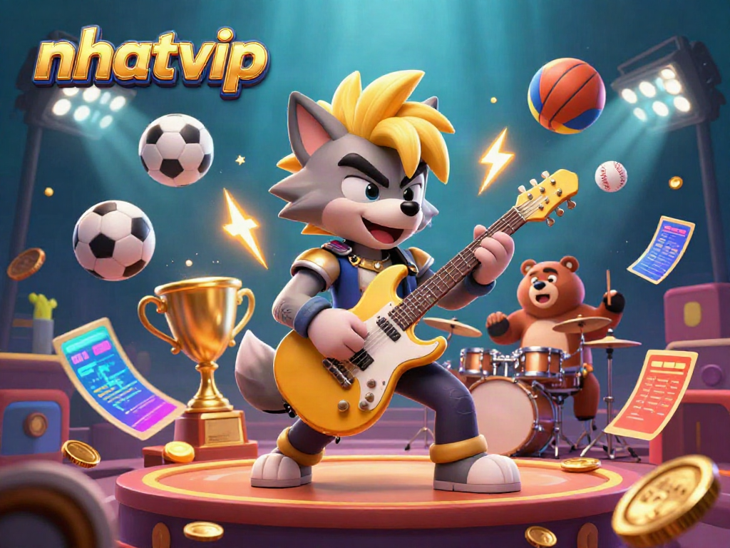Experience the excitement of nhatvip with a cartoon wolf rock star on stage, surrounded by dynamic sports elements.