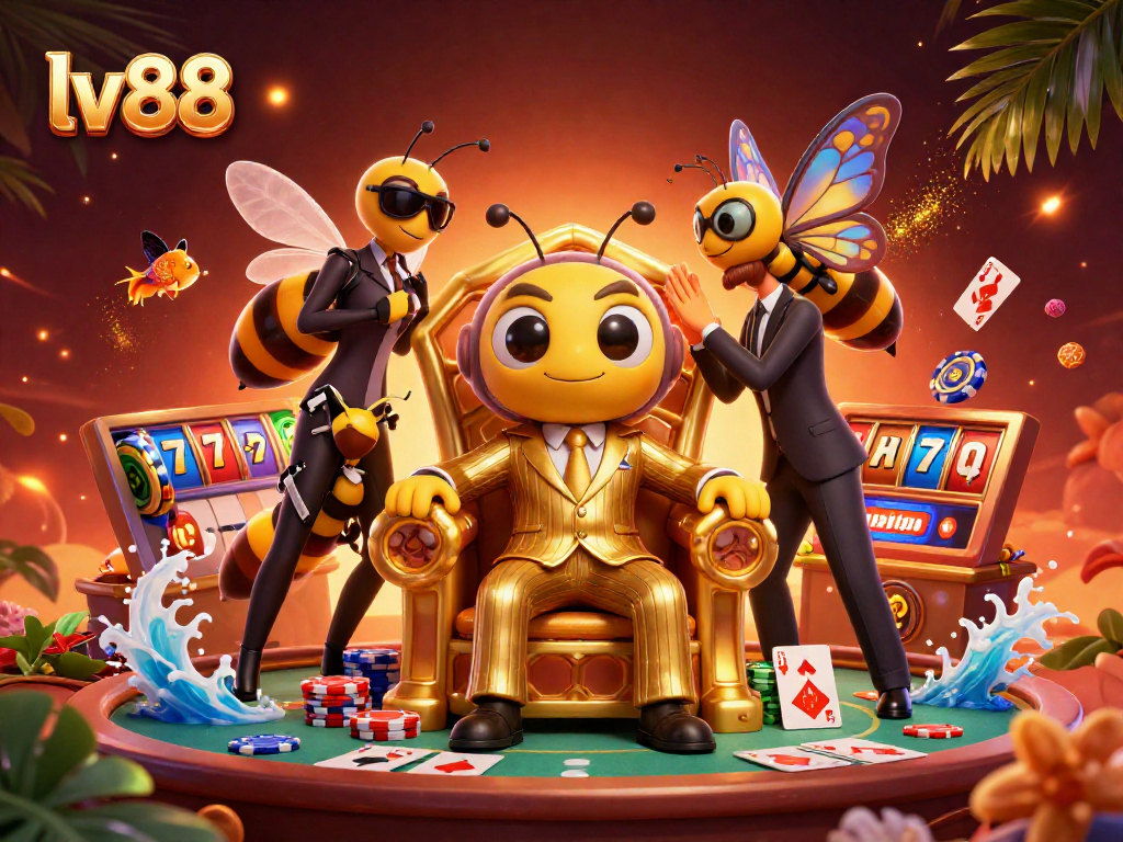Engage with lv 88's vibrant 3D casino world filled with cards and winning symbols.