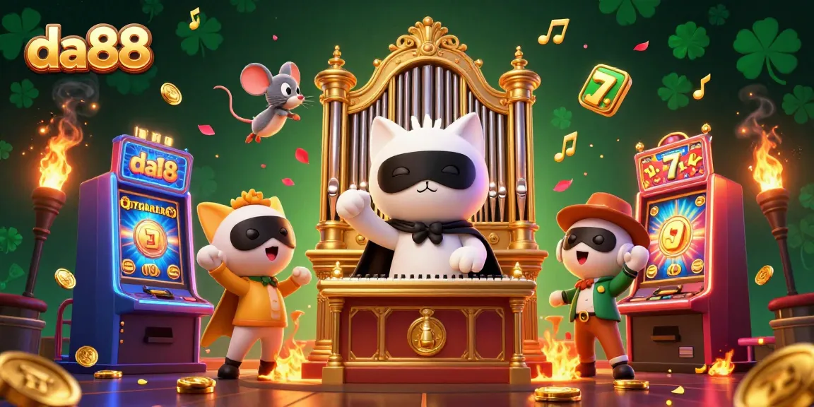 Experience excitement at the da88 casino with vivid slot machines and charming characters in a captivating illustration.