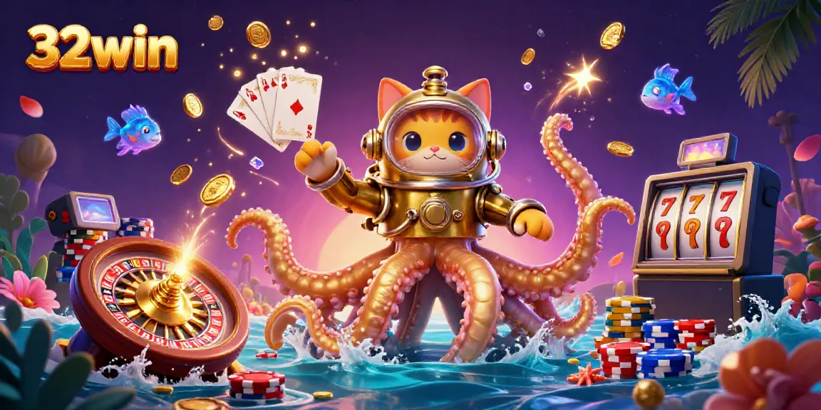 Experience the excitement of 32win with a dynamic illustration of casino games and treasures.