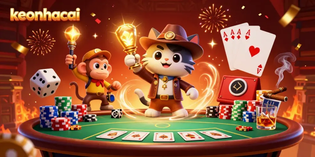 Uncovering the keonhacai treasures with an archaeologist cat and companion in a casino temple scene.