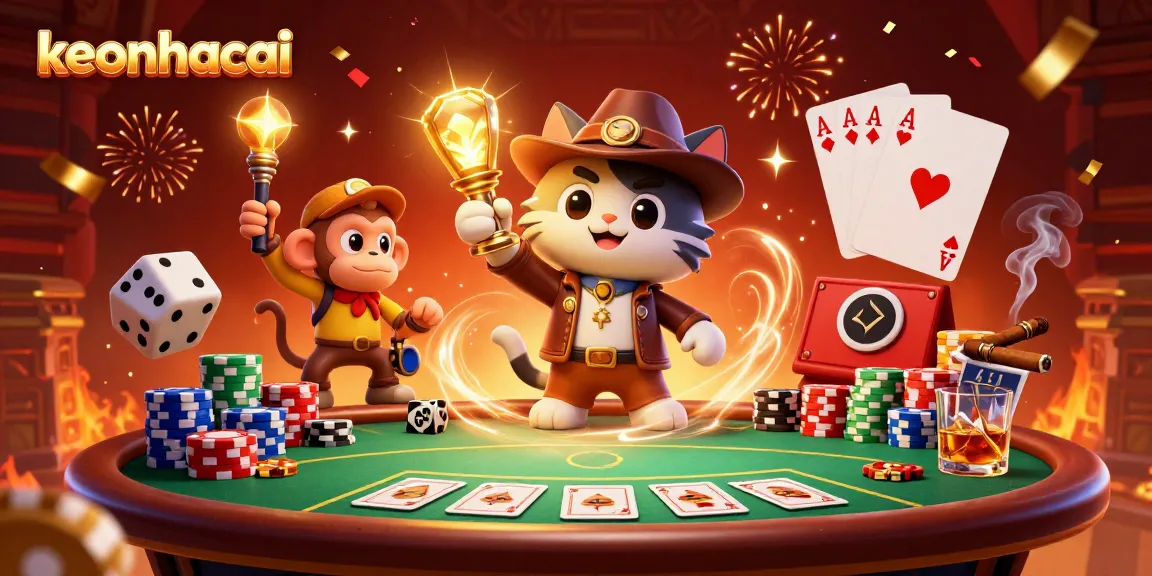 Uncovering the keonhacai treasures with an archaeologist cat and companion in a casino temple scene.