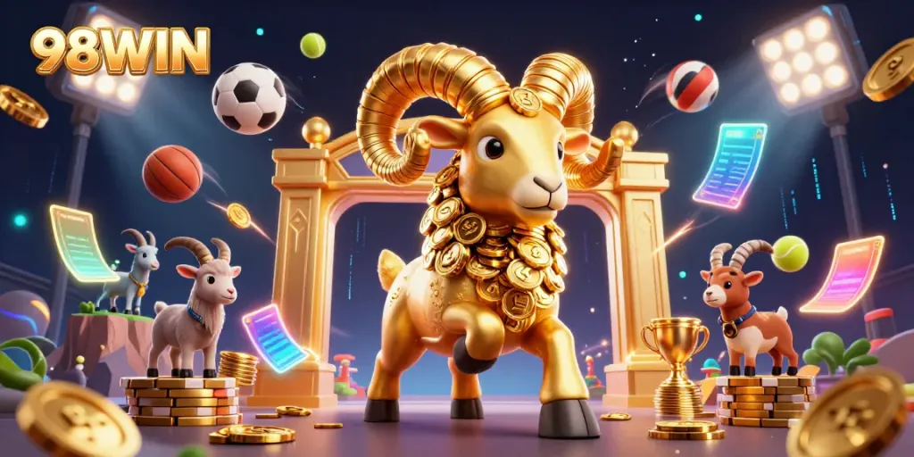 Experience thrilling gameplay at 98WIN with a dynamic golden ram charging through a vibrant casino scene.