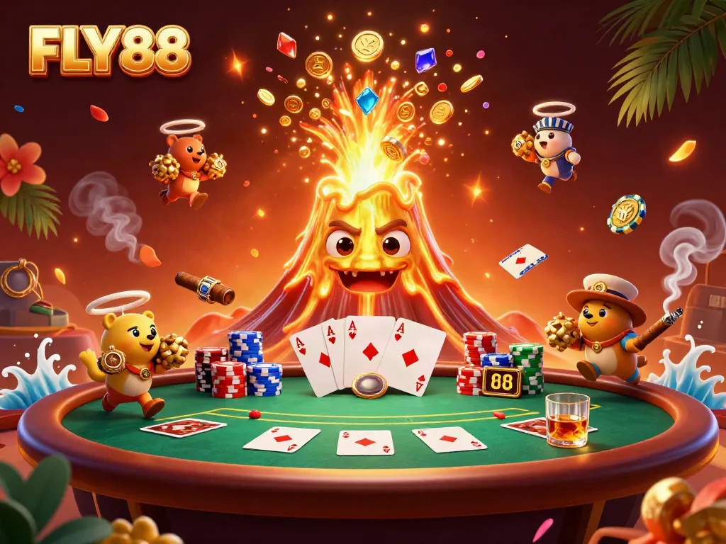 FLY88 casino scene featuring a triumphant volcano character erupting coins alongside poker elements.