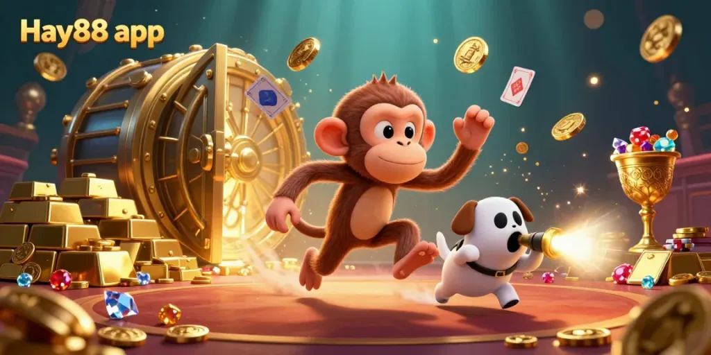 Experience the thrill of the Hay88 app in a dynamic casino illustration featuring golden treasures and playful characters.