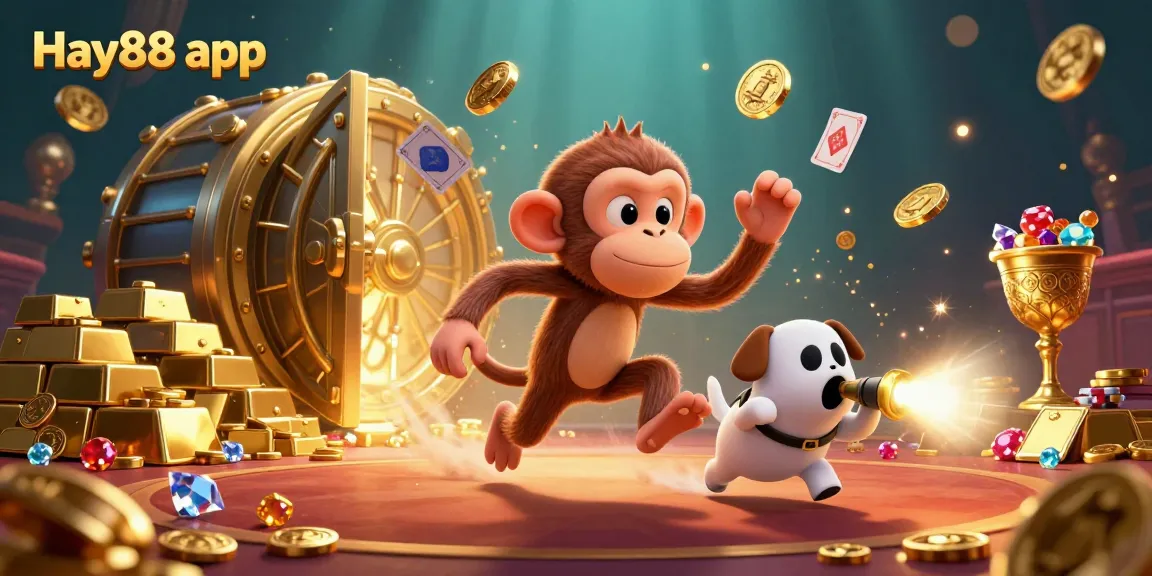Experience the thrill of the Hay88 app in a dynamic casino illustration featuring golden treasures and playful characters.