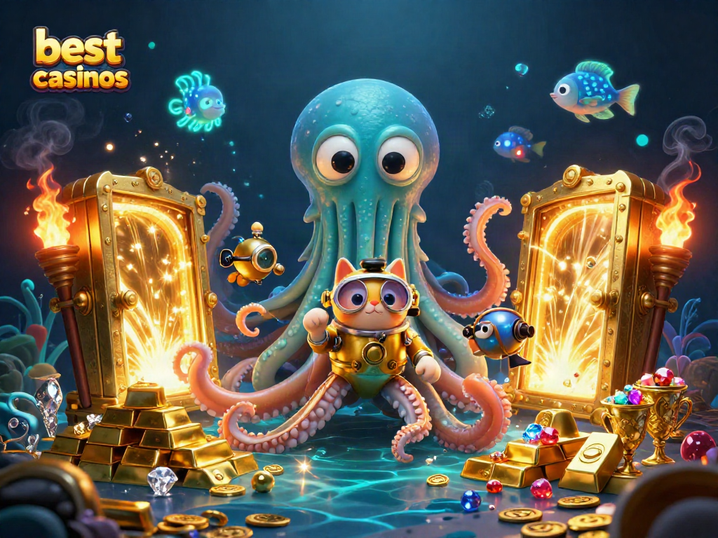 Experience the excitement of the best crypto casinos with a lively underwater scene featuring a golden kraken and diving cat.