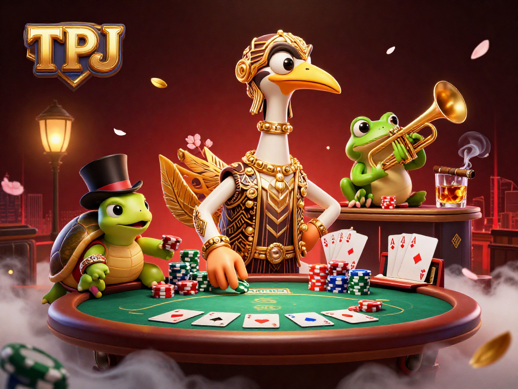 Experience TPJ's vibrant casino scene with a 3D cartoon art deco crane, top-hat turtle, and trumpet frog.