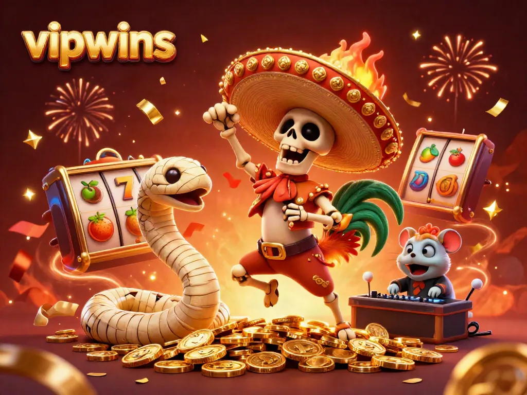 Experience casino excitement with vipwins, featuring cartoon characters and vibrant gaming elements.