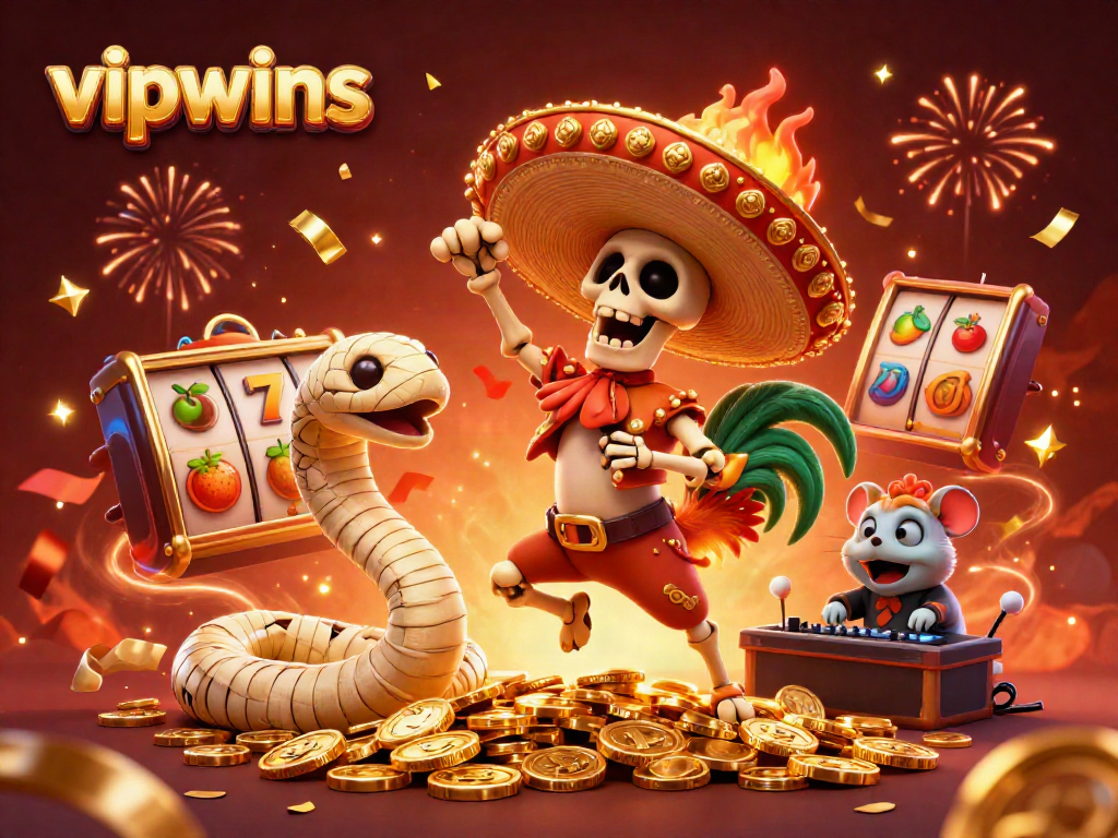 Experience casino excitement with vipwins, featuring cartoon characters and vibrant gaming elements.