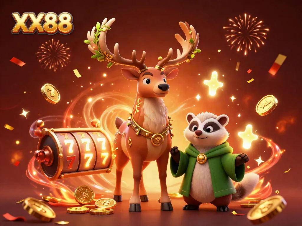 Experience the thrill of XX88 with a dazzling 3D casino scene featuring a druid stag and vibrant slot machine elements.