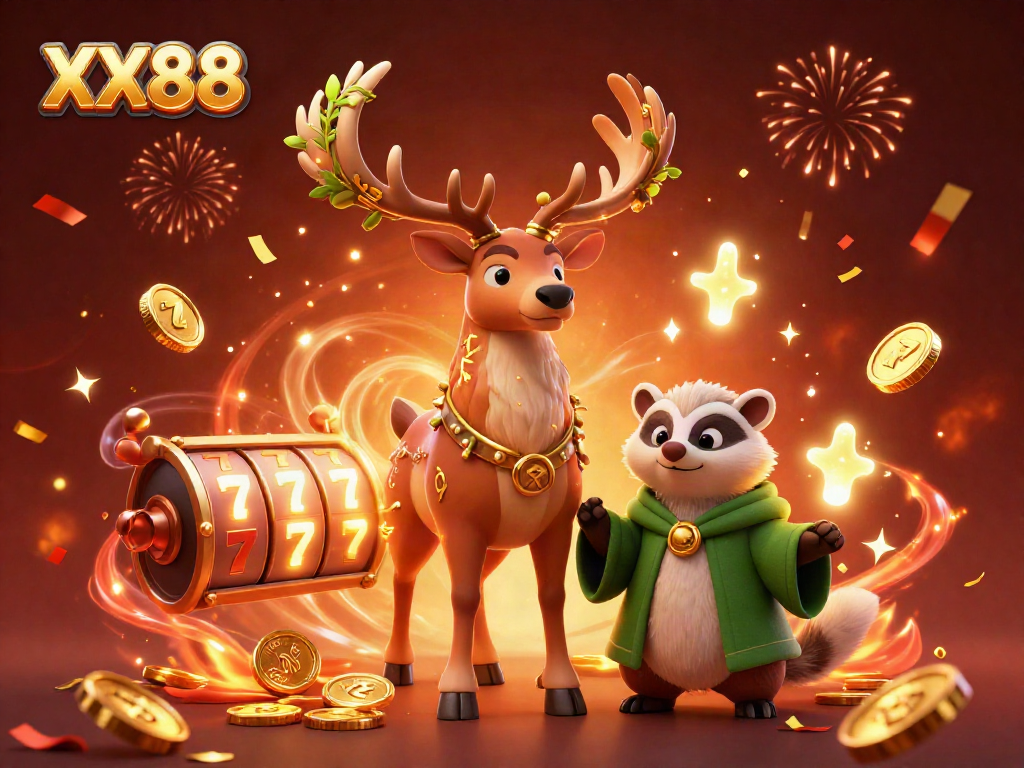 Experience the thrill of XX88 with a dazzling 3D casino scene featuring a druid stag and vibrant slot machine elements.