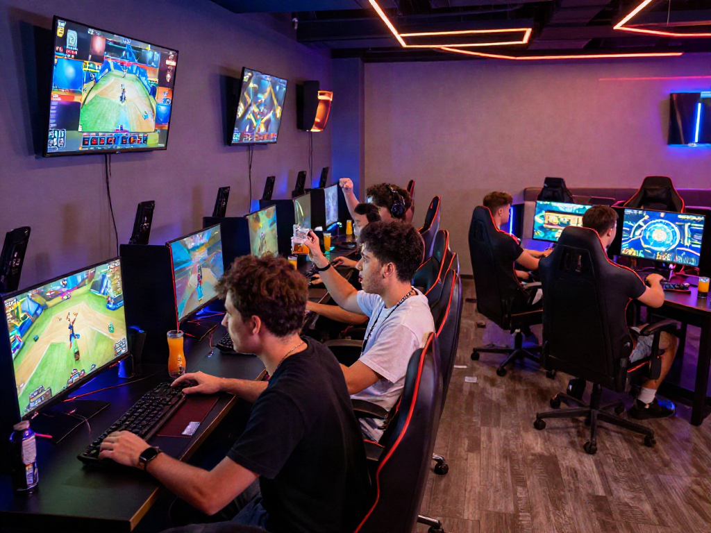 Dynamic gaming experience at https://manclub1.jp.net/ with friends celebrating wins in a modern lounge.