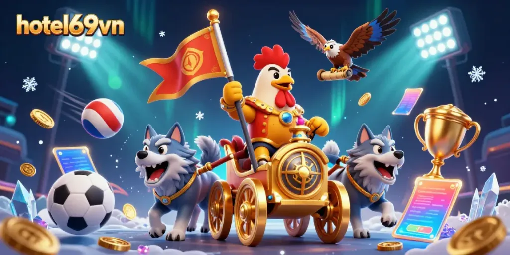 Experience thrilling gameplay action at hotel69vn with a dynamic casino scene featuring a cartoon rooster warlord.