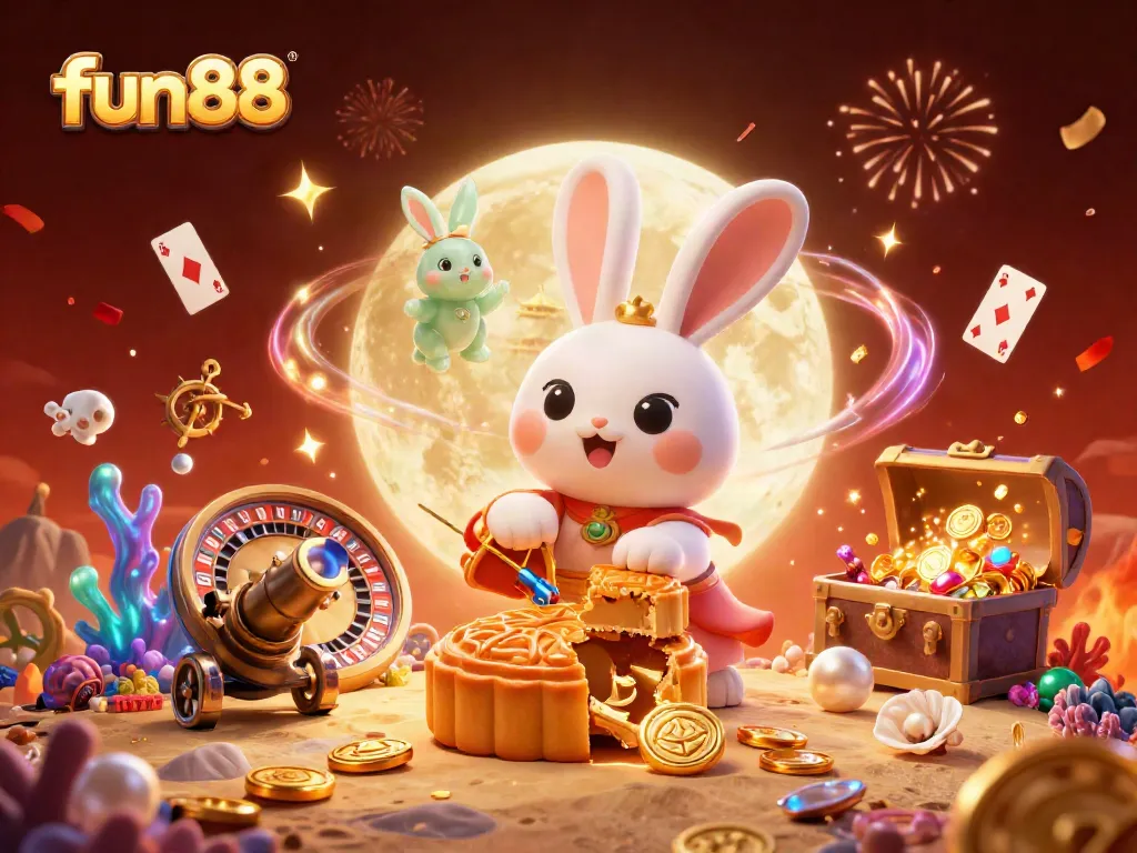 Experience the thrill of fun88 through a vibrant 3D illustration featuring a moon rabbit and casino elements.