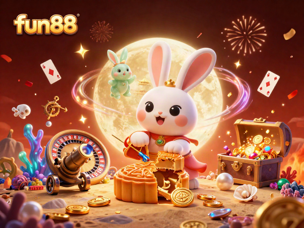 Experience the thrill of fun88 through a vibrant 3D illustration featuring a moon rabbit and casino elements.