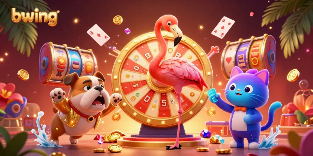 Engage with bwing’s vibrant casino scene featuring a flamingo game show host, a bulldog contestant, and a prize scoreboard.
