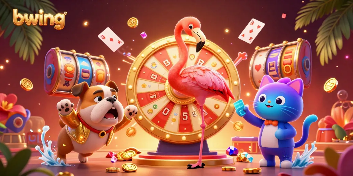 Engage with bwing’s vibrant casino scene featuring a flamingo game show host, a bulldog contestant, and a prize scoreboard.