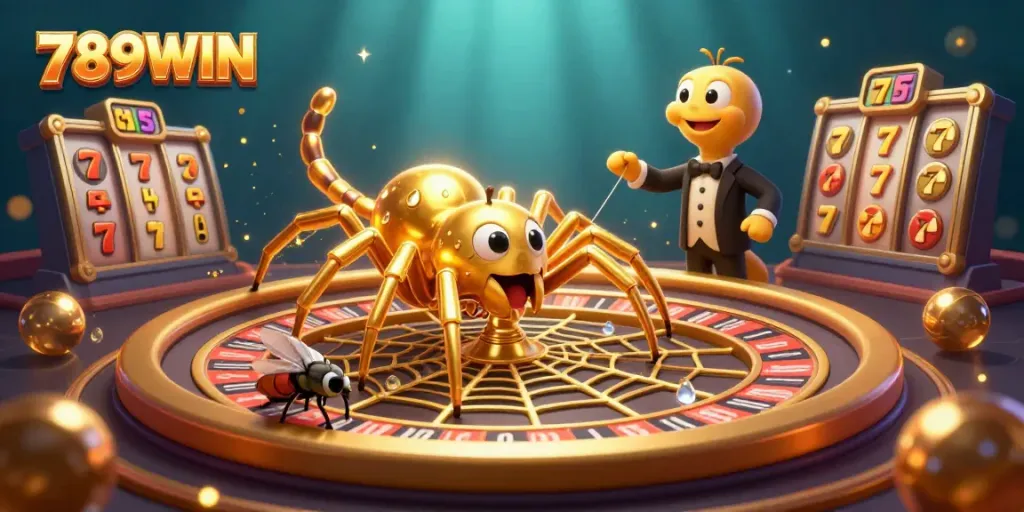 Engaging scene with 789WIN featuring a golden spider and roulette web, enhancing the casino experience.