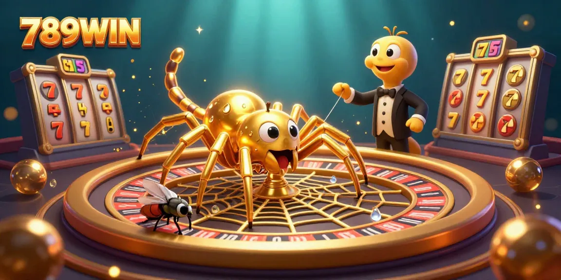 Engaging scene with 789WIN featuring a golden spider and roulette web, enhancing the casino experience.