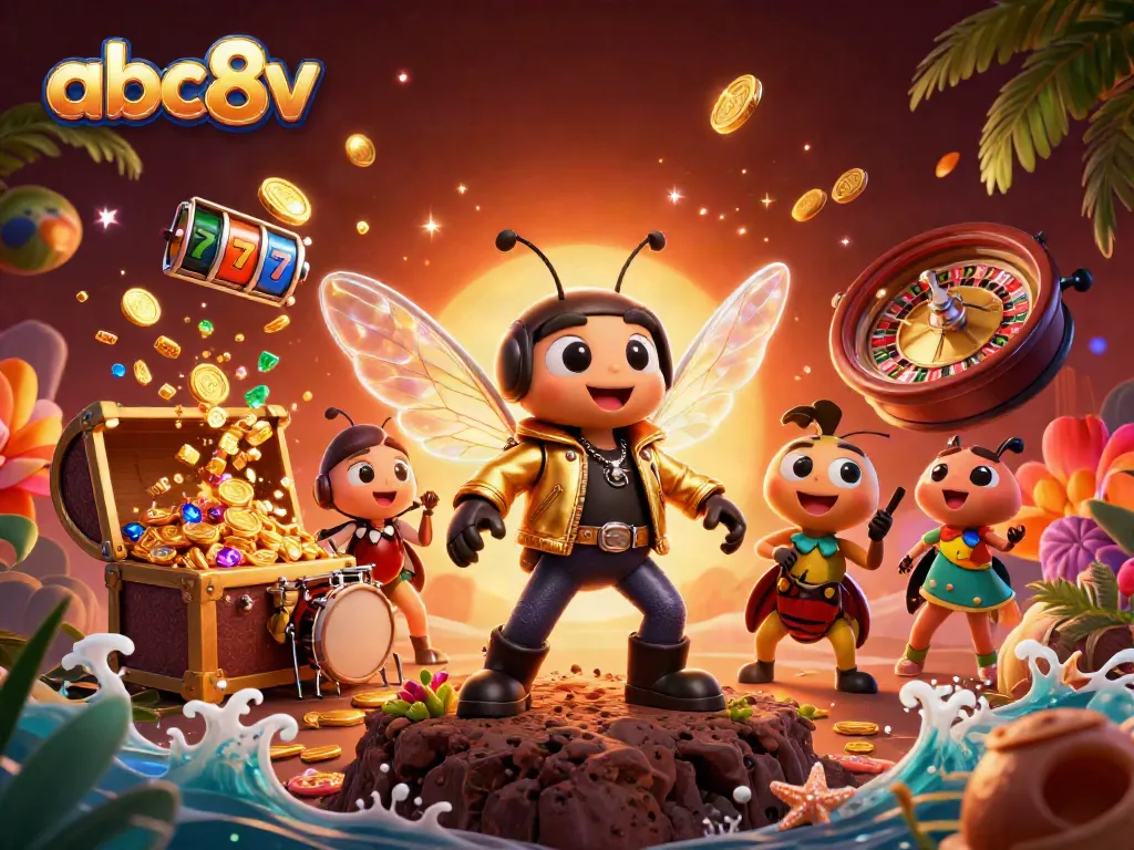 Engage in the exciting world of gambling with abc8v's vibrant 3D illustration featuring a cicada rock star and casino elements.