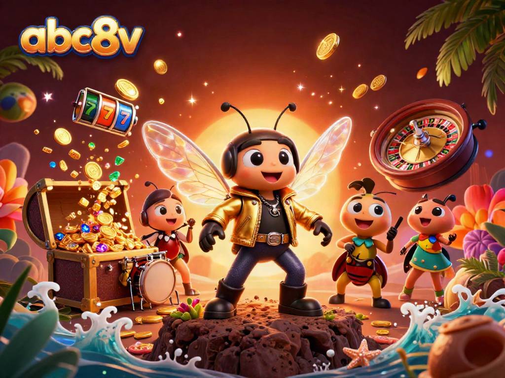 Engage in the exciting world of gambling with abc8v's vibrant 3D illustration featuring a cicada rock star and casino elements.