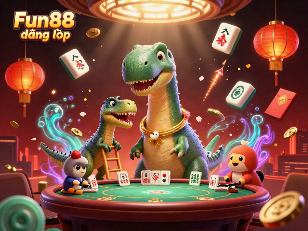 Experience Fun88 đăng nhập with an artful scene of a giant brontosaurus amidst glamorous casino elements.