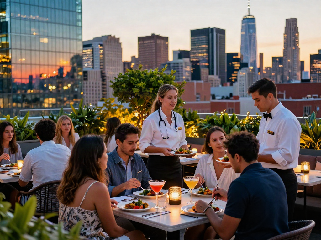 NoHu Rooftop dining experience with NYC skyline and sunset atmosphere