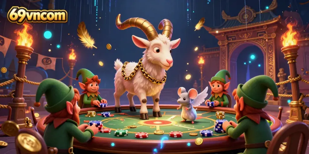 Engage with 69vncom's lively holiday-horror casino scene featuring Krampus, angel mouse, and elf gremlins amidst chaotic fun.