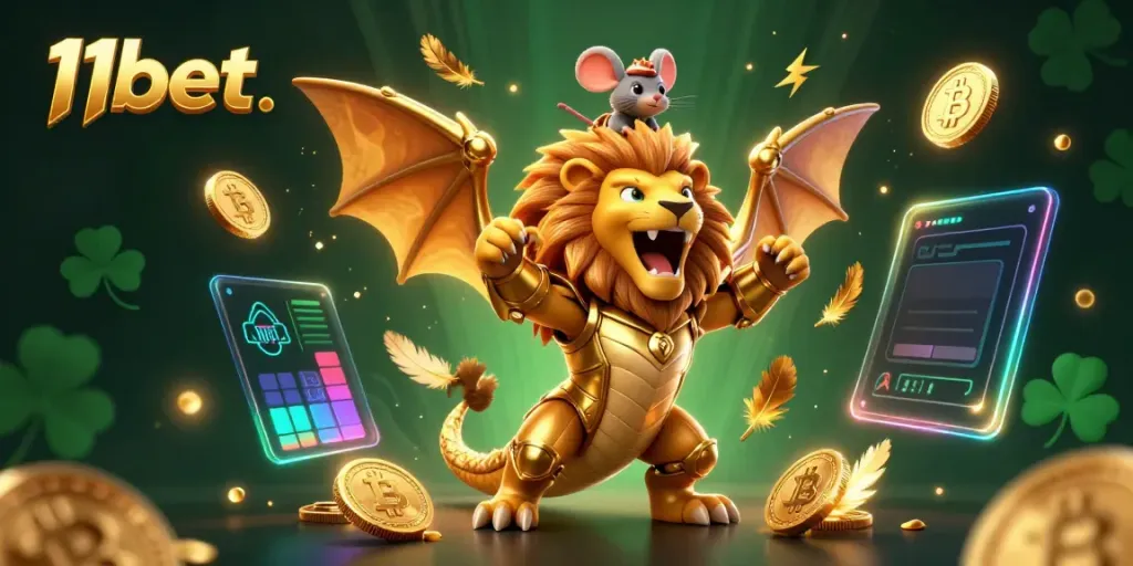 Engage with thrilling moments at 11bet, featuring a victorious chimera and vibrant crypto elements.