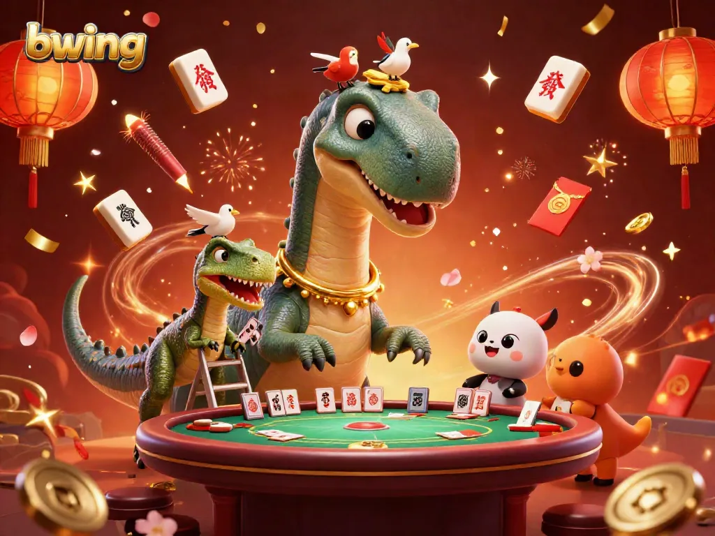 Experience the thrill of bwing with a vibrant casino scene featuring a colossal brontosaurus interacting with a clever raptor dealer.
