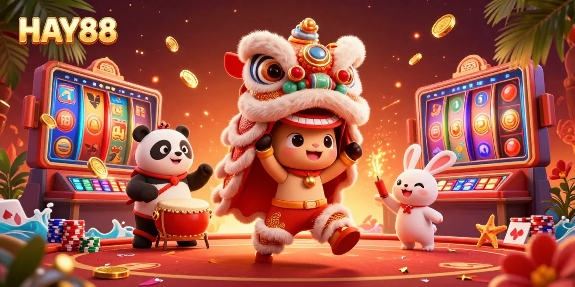 Experience thrilling action at HAY88's vibrant online casino with a lion dance, panda, and symbols of luck.