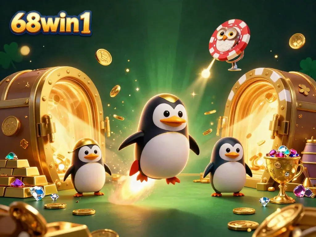 Experience the thrill of winning at 68win1 with a dynamic casino scene featuring a golden penguin and treasure.