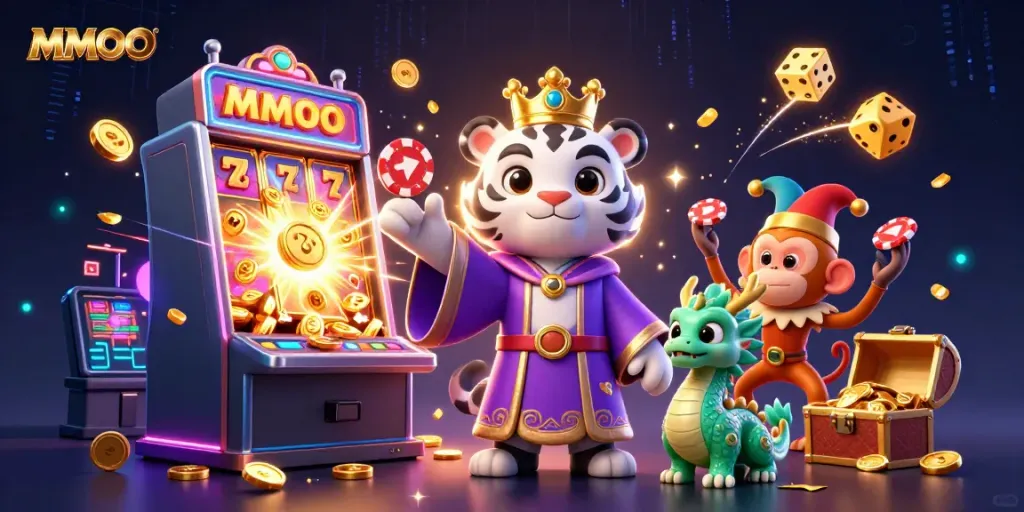 MMOO gambling scene featuring a white tiger, monkey juggling chips, and jackpot elements.