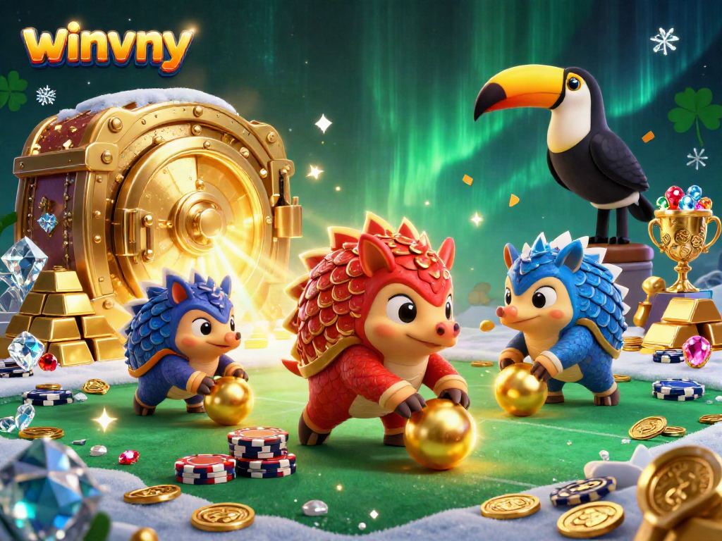 Engaging winvny scene with pangolins bowling poker chips, golden treasures, and a toucan referee.