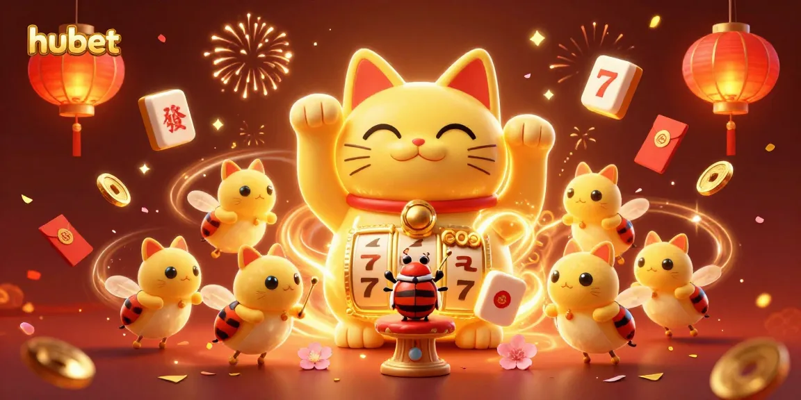 Engage in thrilling gaming experiences with hubet through this dynamic illustration of a lucky cat amidst slot symbols.