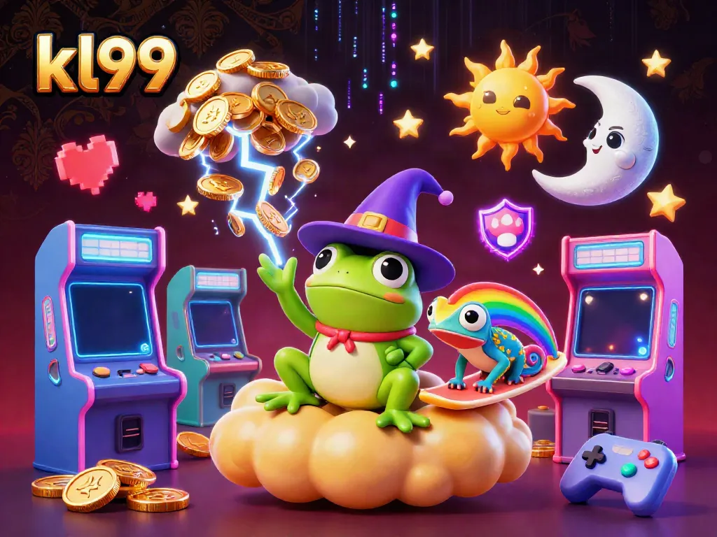 Experience the allure of KL99 with a magical scene of a frog wizard conjuring coins and a chameleon surfing clouds, vibrant gaming elements surrounding.